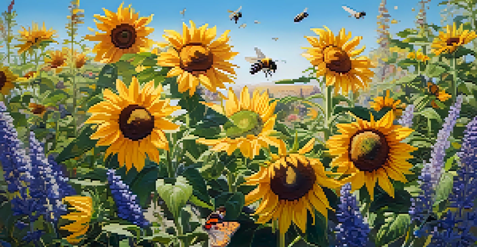 A colorful garden with various flowers and pollinators like bees and butterflies, under bright sunlight.