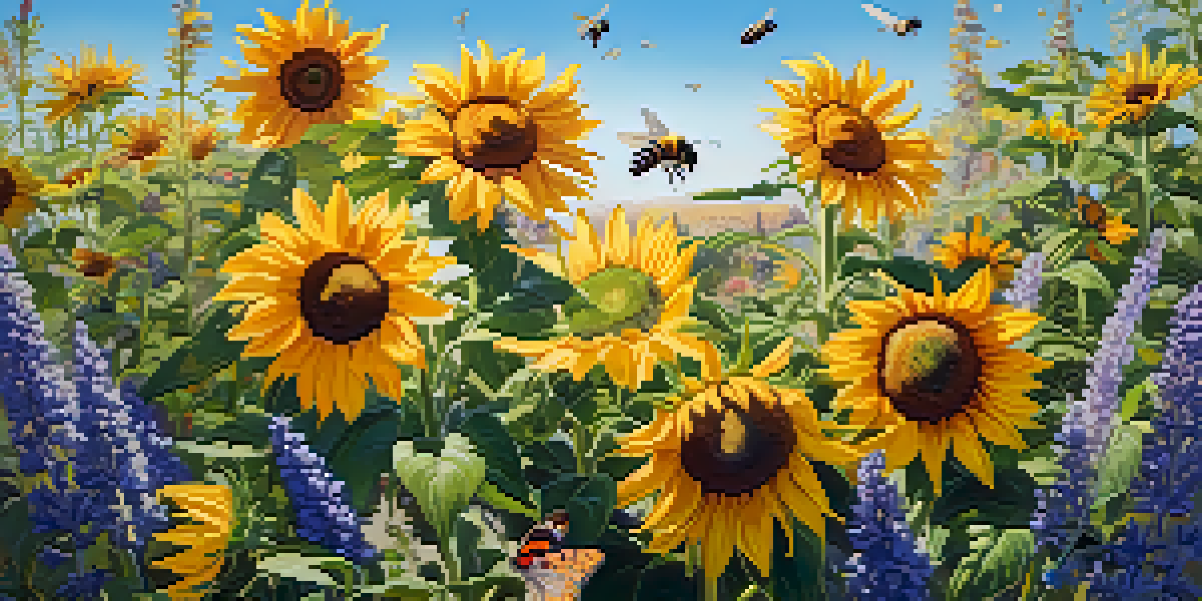 A colorful garden with various flowers and pollinators like bees and butterflies, under bright sunlight.