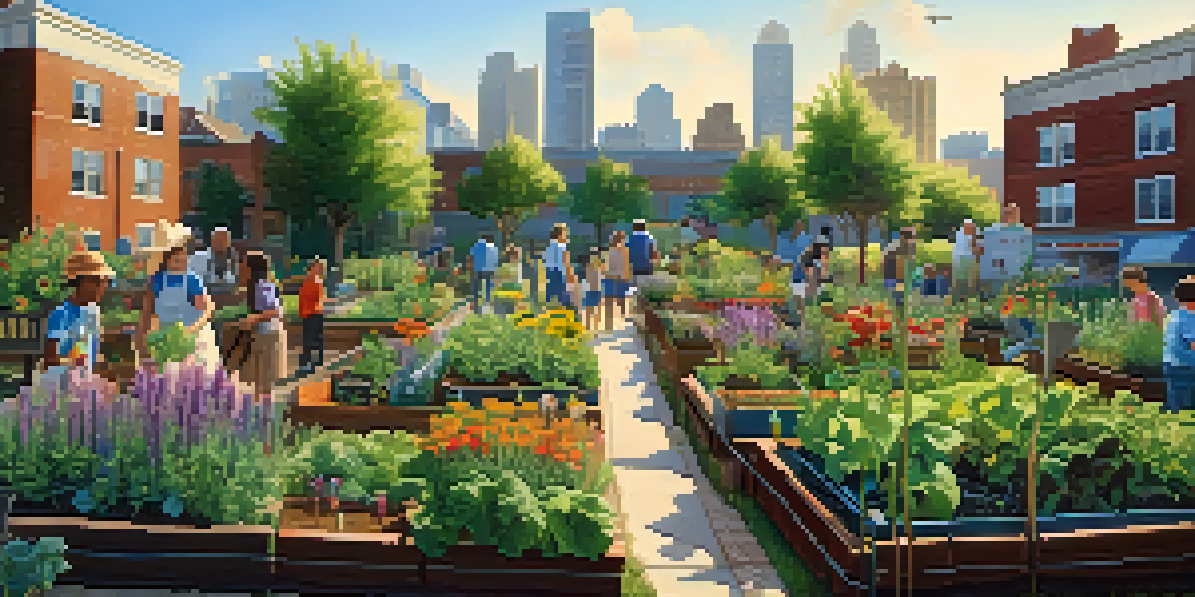 A community garden in a city with people gardening, colorful plants, and children learning about plants.