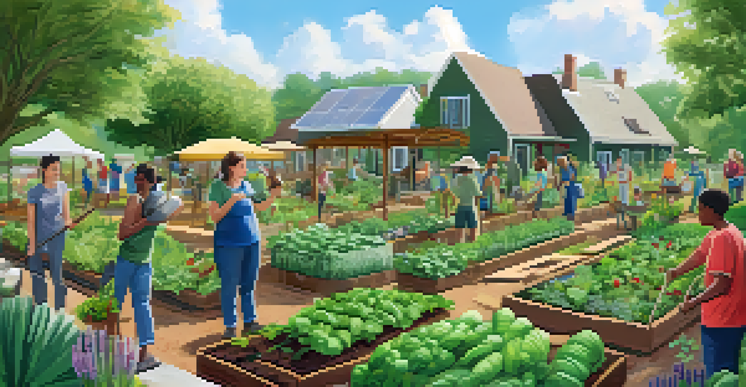 A lively community permaculture garden with diverse people working together among plants.