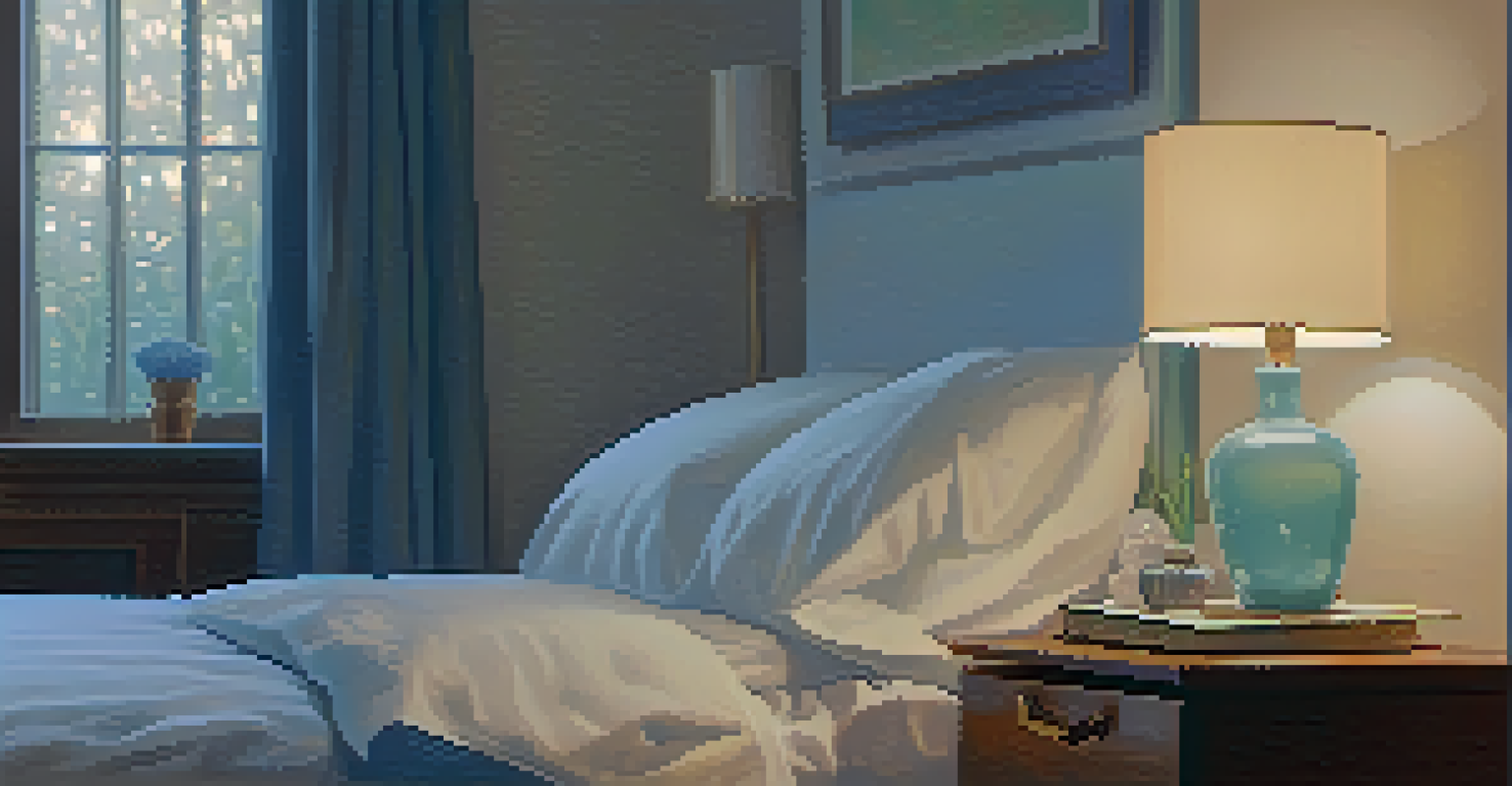 A serene bedroom with a bedside table holding valerian root extract, a book, and a glowing lamp, complemented by a softly lit bed.