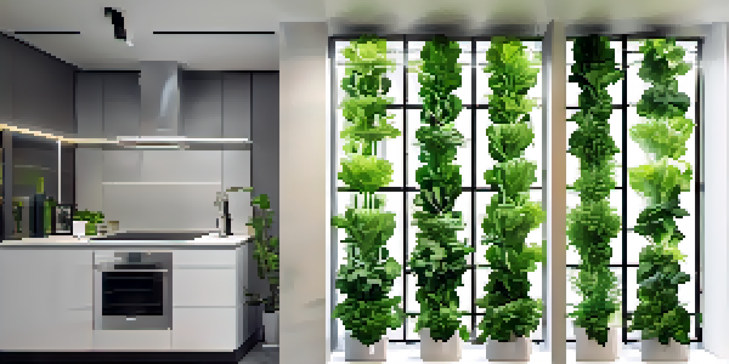 A modern urban apartment with a vertical hydroponic garden featuring green leafy vegetables and colorful herbs, illuminated by sunlight.
