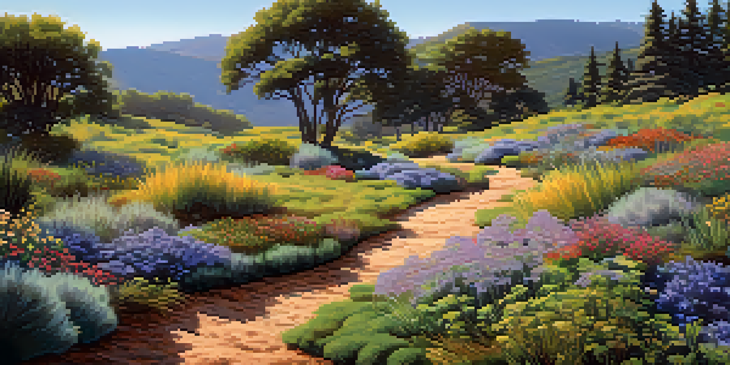 A colorful landscape with a mix of native grasses, ground covers, and blooming wildflowers in the foreground, and shrubs and trees on a slope in the background, under a clear blue sky.