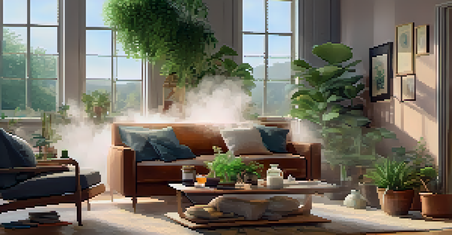 A cozy living room with a diffuser and a person enjoying essential oils, surrounded by plants and a cup of tea.