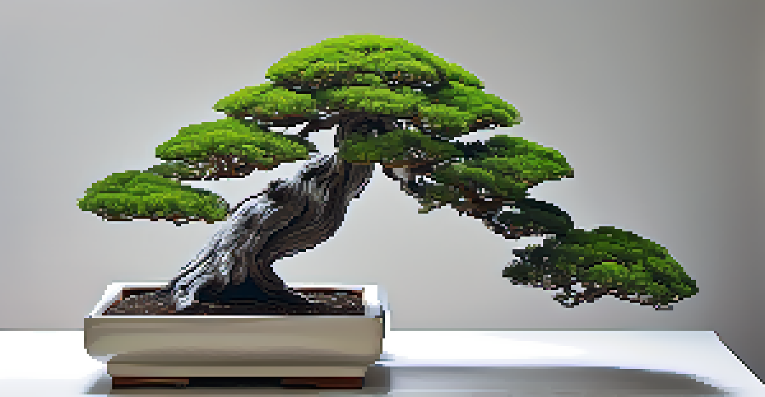 A modern bonsai tree in a minimalist ceramic pot against a clean white backdrop.