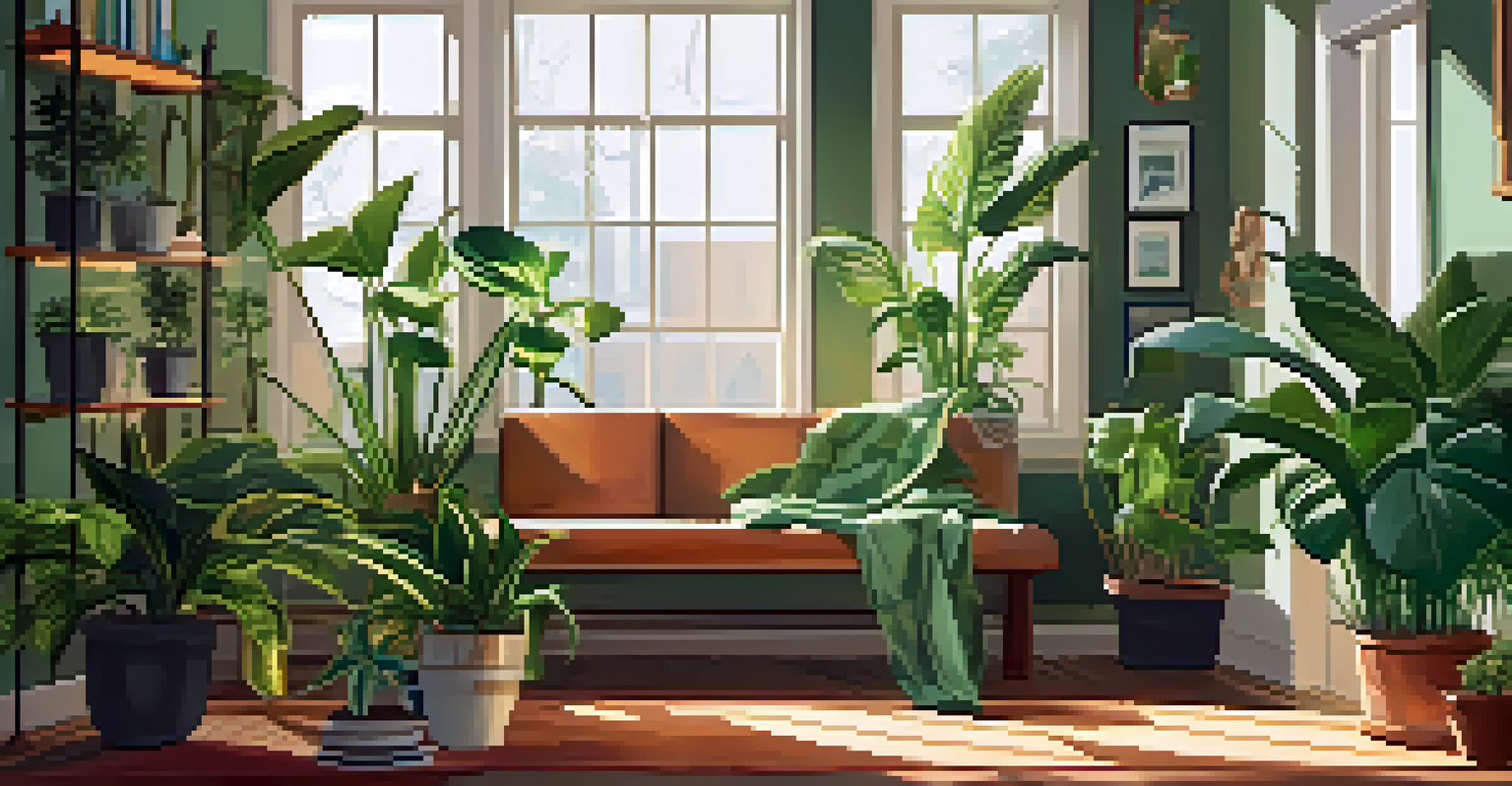 A cozy living room with various indoor plants such as a Snake Plant, Pothos, and Spider Plant, illuminated by natural sunlight.