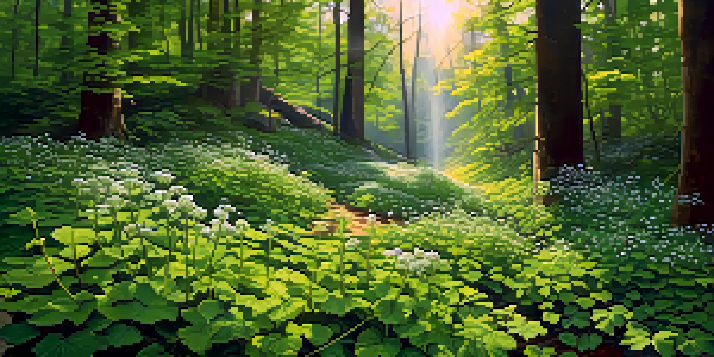 A forest floor with colorful native wildflowers struggling against the spread of garlic mustard plants, with sunlight filtering through the trees.