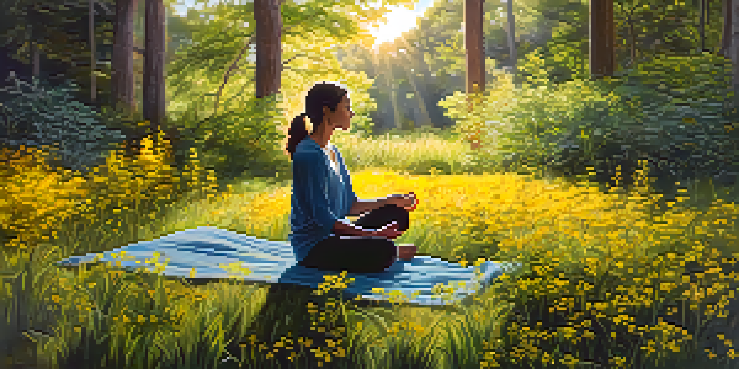 A person practicing mindfulness in a garden filled with St. John's Wort plants, with sunlight filtering through the trees.