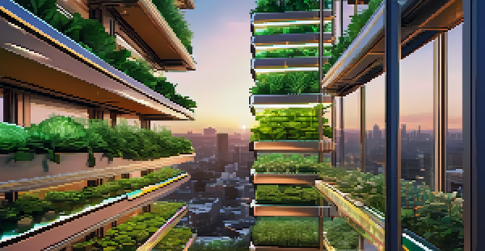 A vertical farm integrated into a skyscraper with layers of green plants and LED lights, set against a city skyline at sunset.
