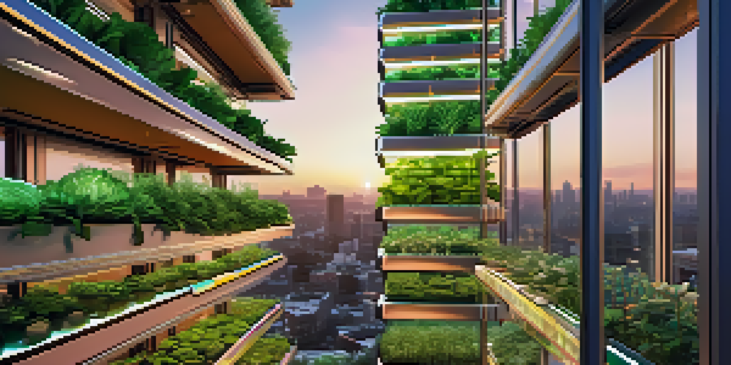 A vertical farm integrated into a skyscraper with layers of green plants and LED lights, set against a city skyline at sunset.