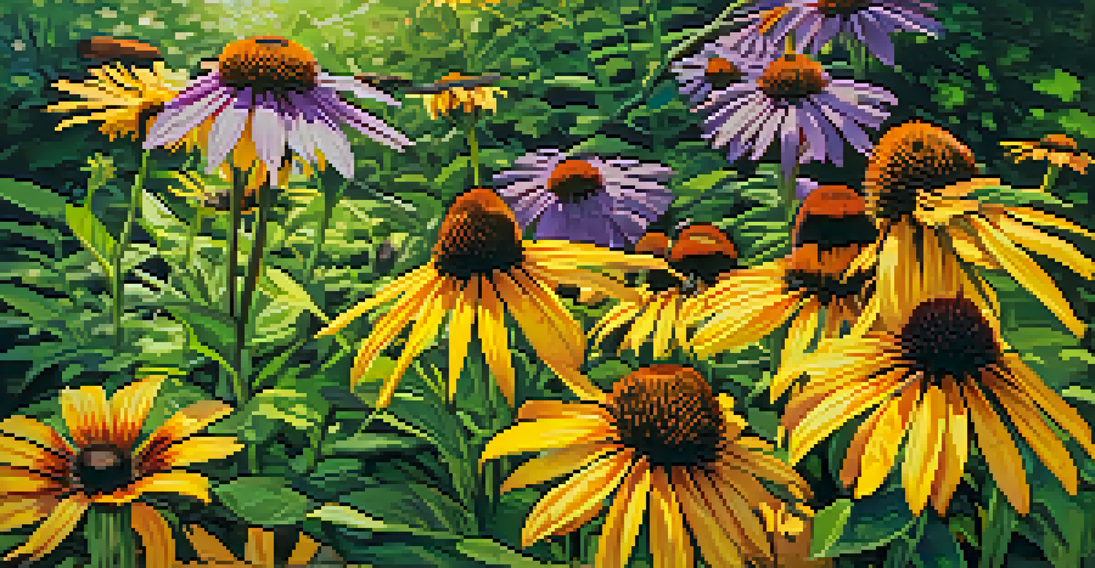 A close-up of a native flower garden featuring coneflowers and black-eyed Susans, with sunlight highlighting the vibrant colors and lush green leaves.