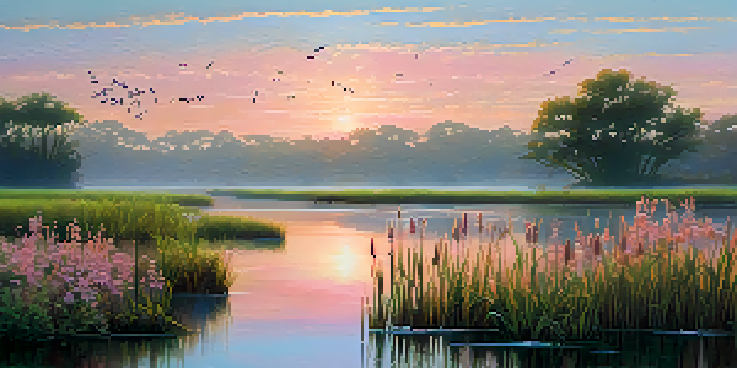 A peaceful wetland scene at dawn with colorful reflections in the water, surrounded by greenery and birds.
