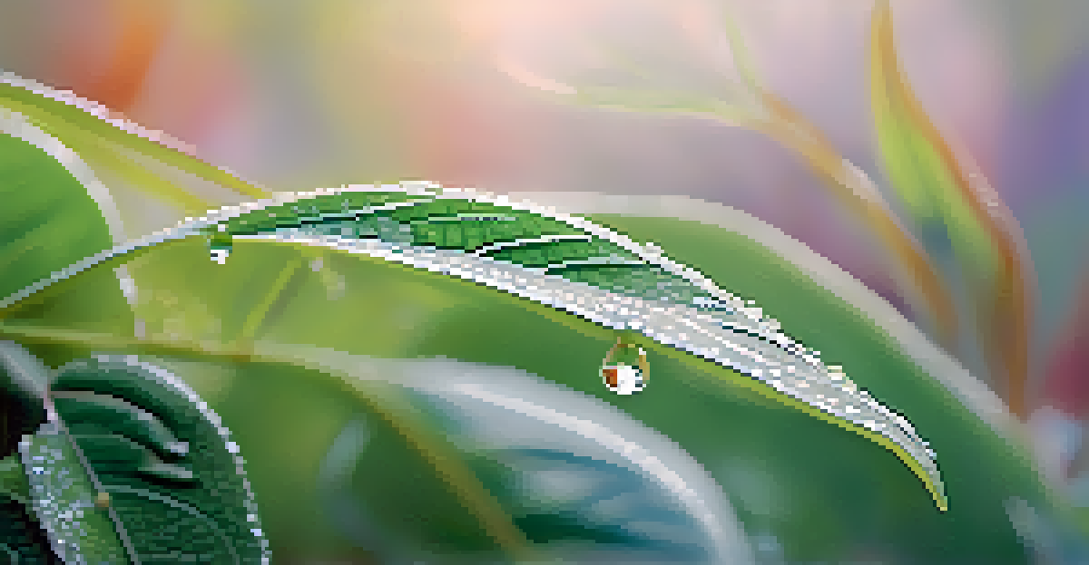 Dew-covered leaves in the early morning, highlighting intricate veins and a soft pastel-colored blurred background.