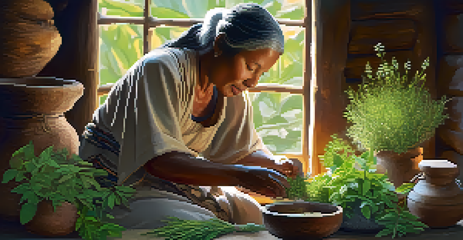 An indigenous healer preparing herbal remedies with wild plants, using a stone mortar and pestle in a rustic wooden setting, illuminated by sunlight.