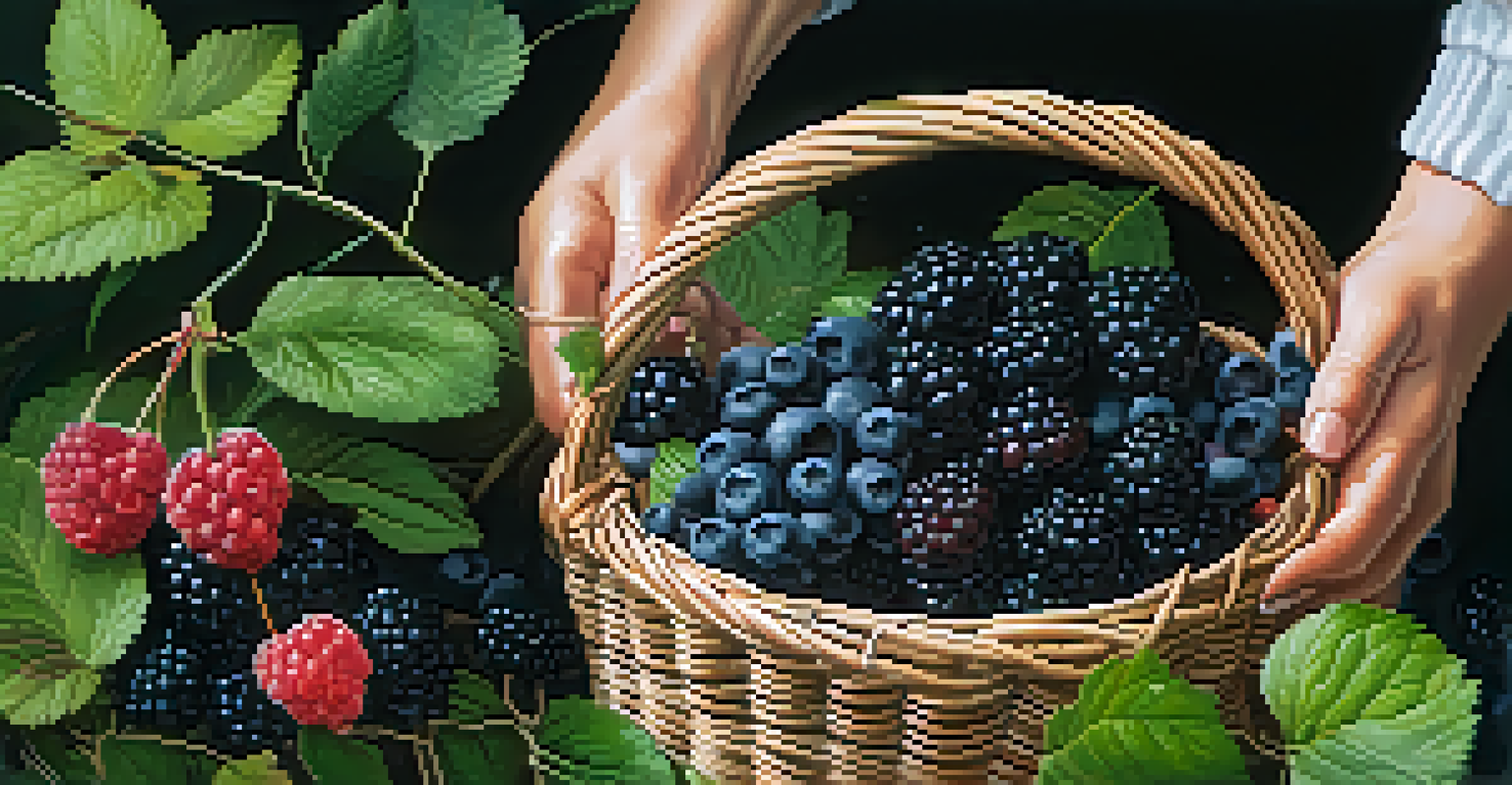 Close-up of a forager's hands holding a basket of freshly picked wild berries, surrounded by green foliage.