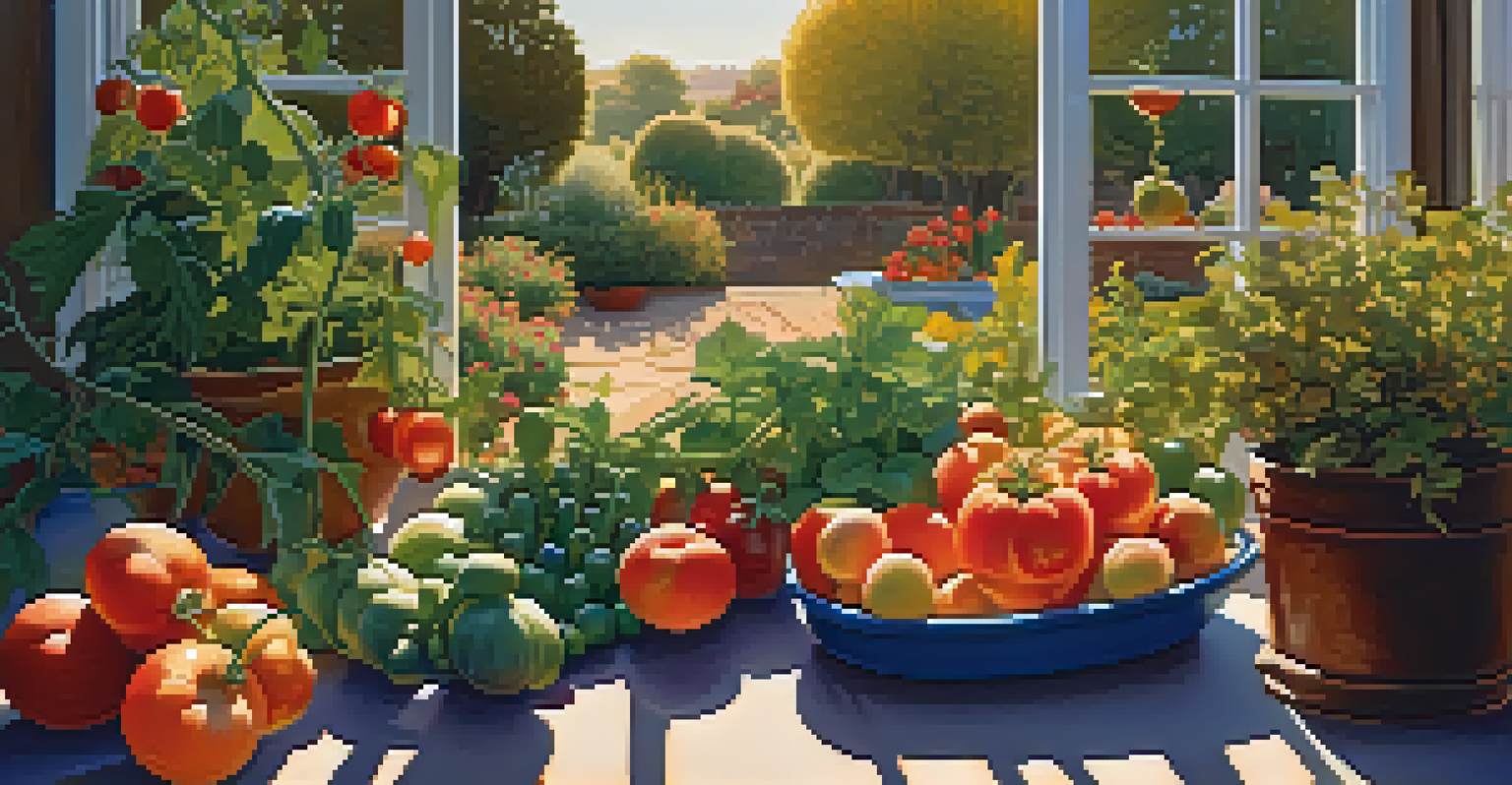 A colorful garden scene with tomatoes, blueberries, and a peach tree, illuminated by golden hour light.