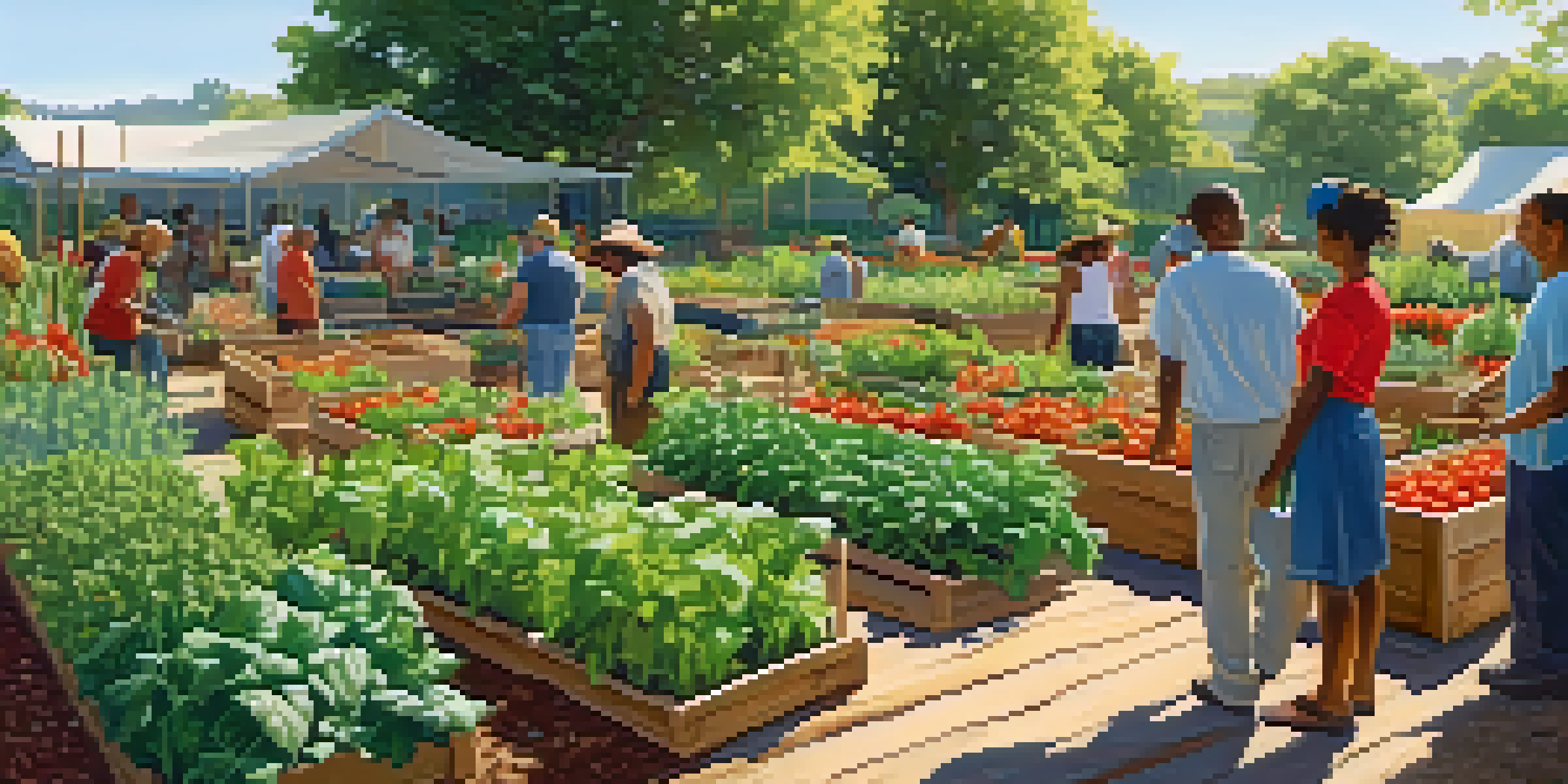 A diverse group of people working together in a colorful community garden filled with various crops, illuminated by warm sunlight.