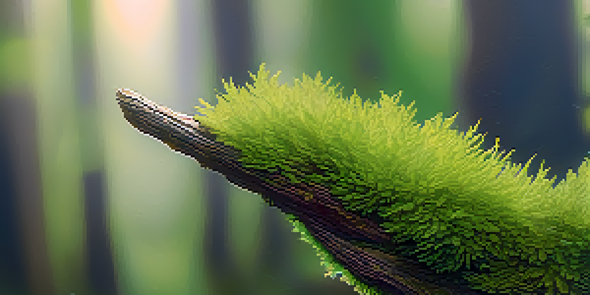 A close-up view of a plant branch with a cut wrapped in moist moss, demonstrating the air layering technique under gentle sunlight.