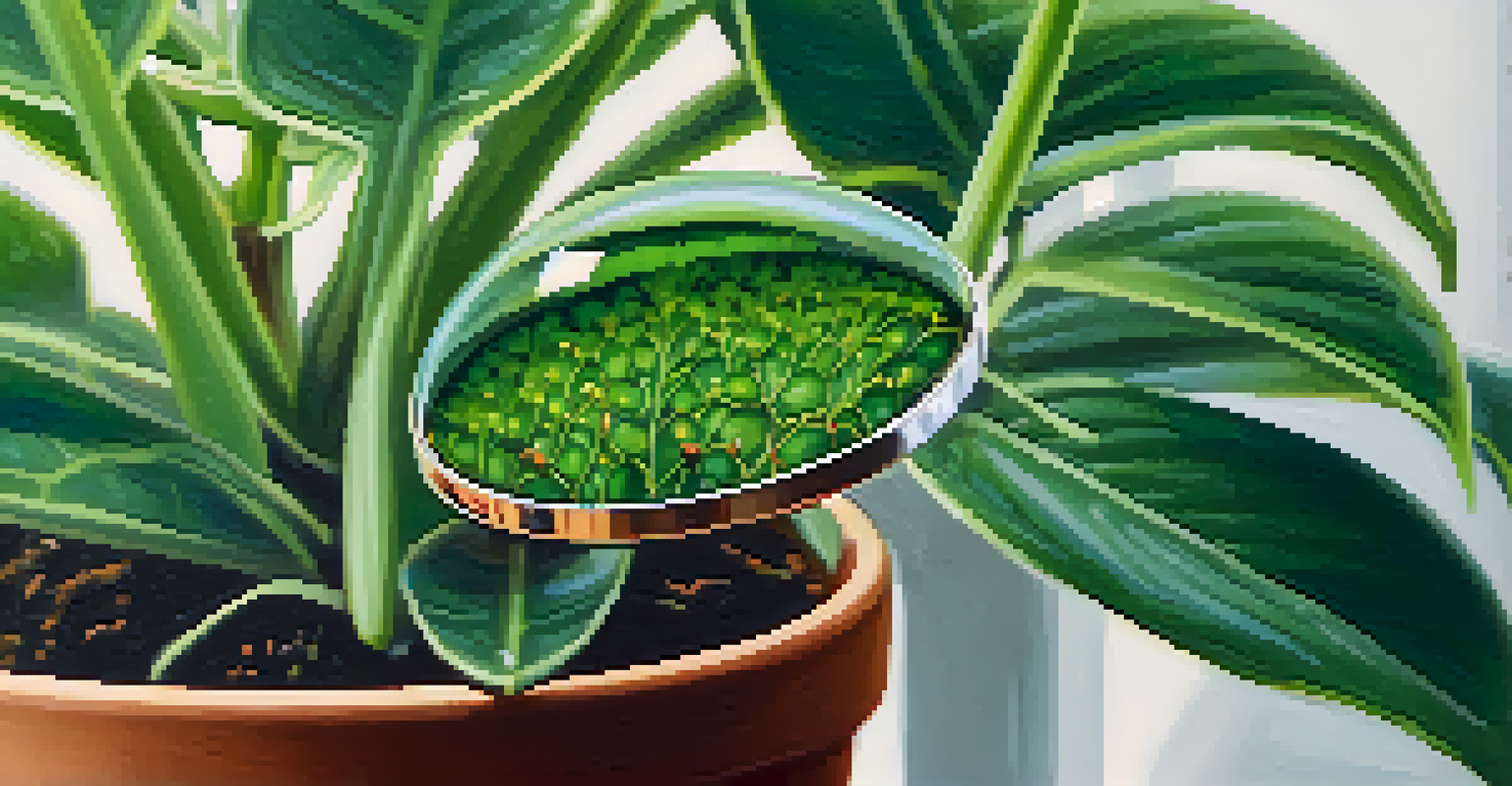 Close-up of an indoor plant showing green leaves and tiny aphids, with a magnifying glass beside it.