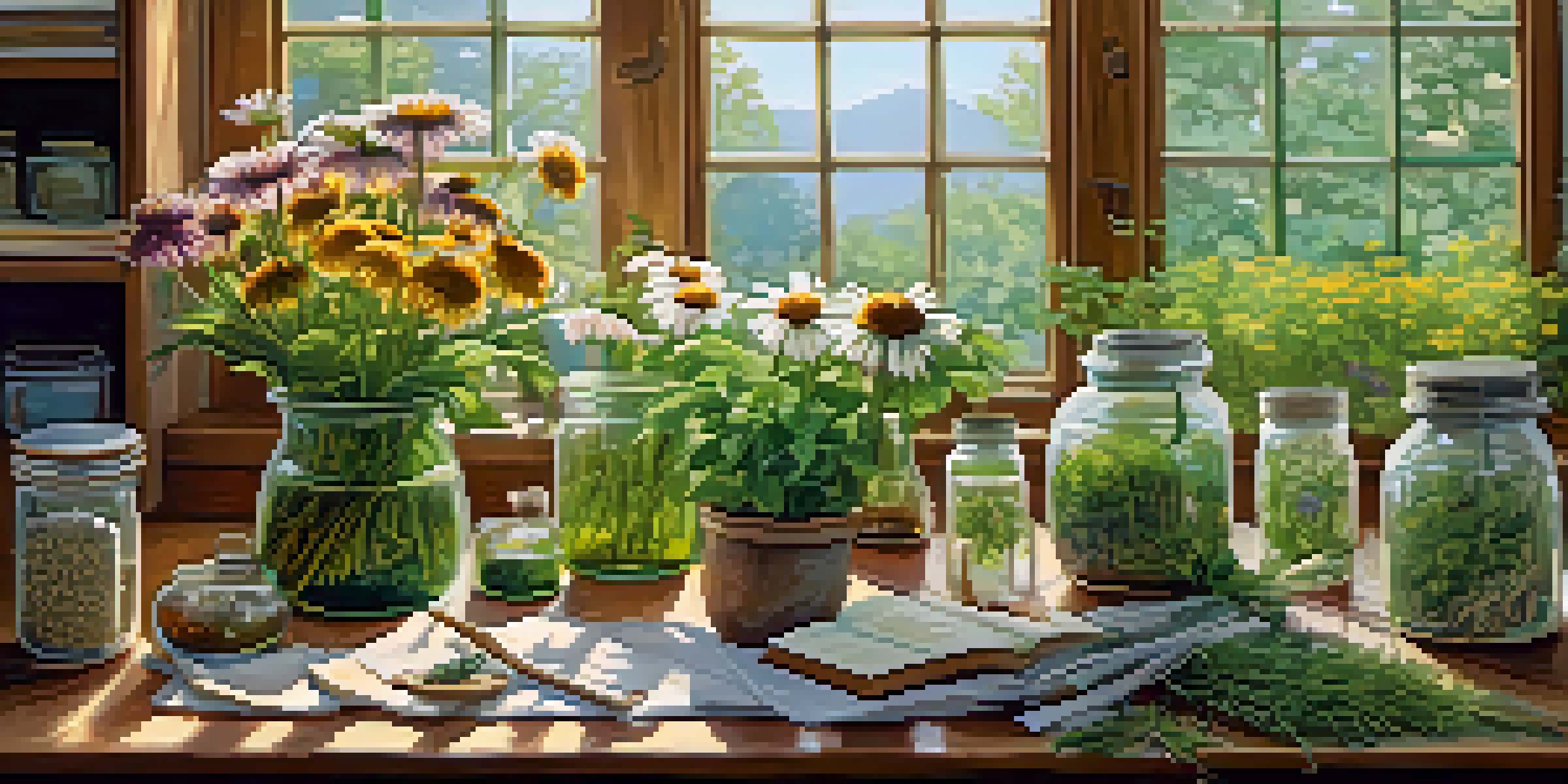 A peaceful herbal workshop with a wooden table displaying medicinal plants and glass jars of homeopathic remedies, illuminated by soft natural light.