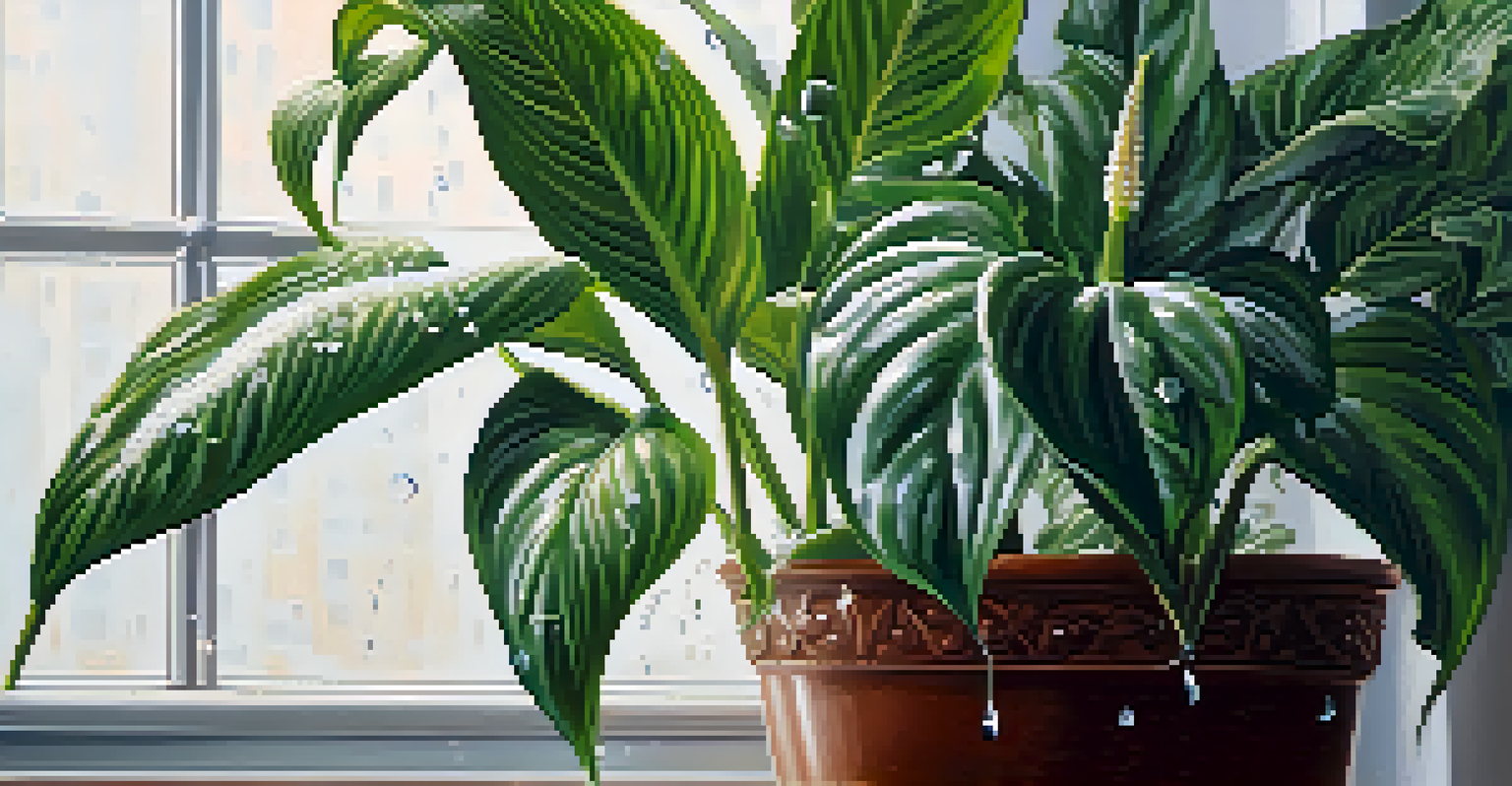 A close-up of a hand watering a peace lily, with water droplets on the leaves.