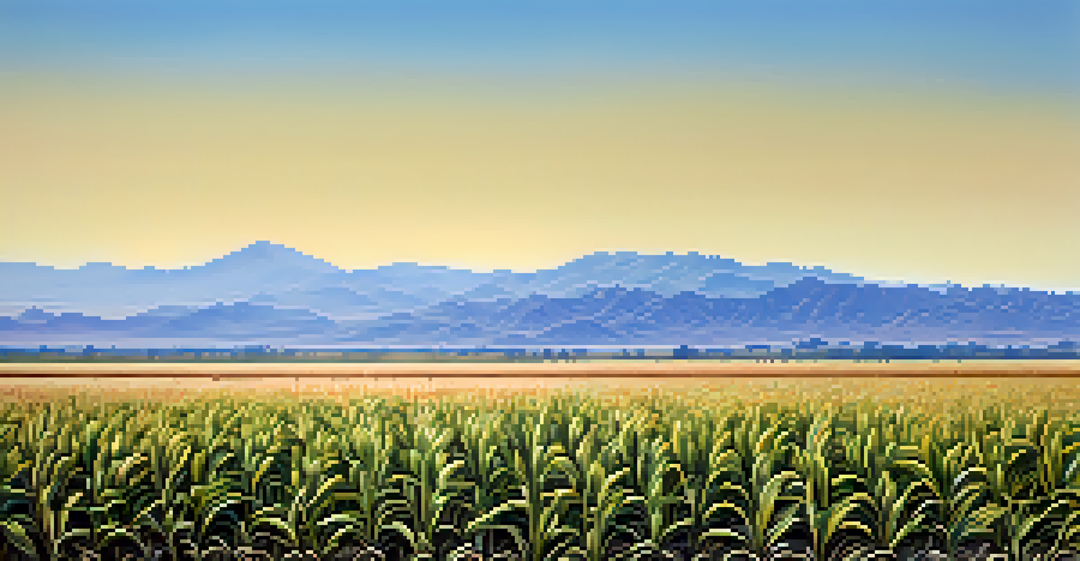 A close-up view of a drought-resistant crop field with tall plants under a clear blue sky.