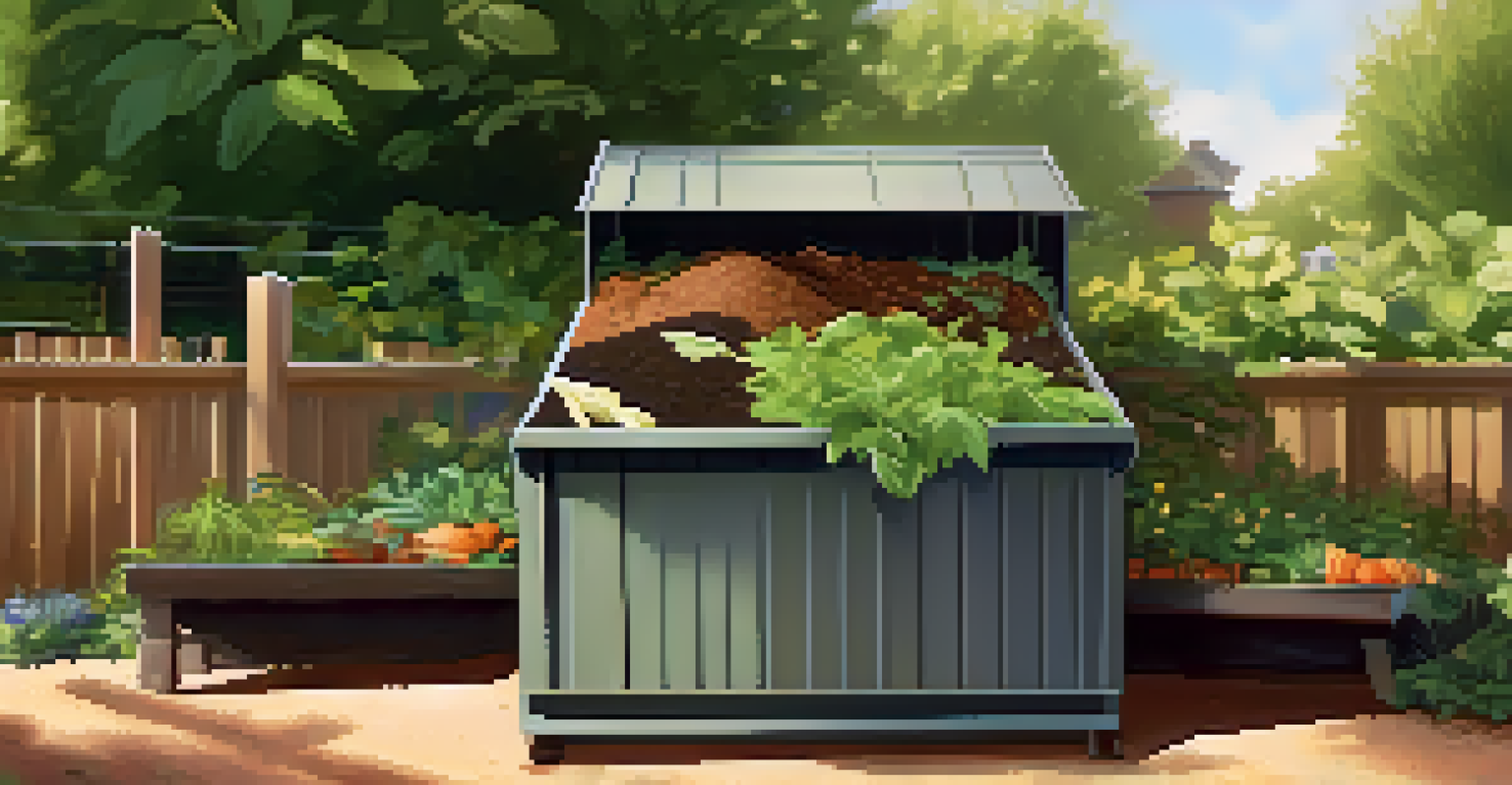 Close-up of a compost bin overflowing with organic waste in a community garden, surrounded by vibrant plants and an educational sign.