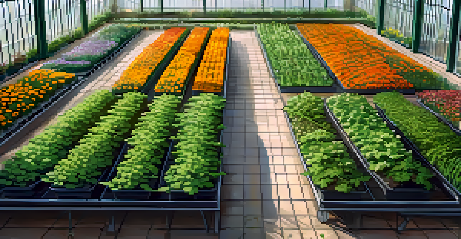 An overhead view of a greenhouse showing rows of plants and gardening tools in a sunlit environment.