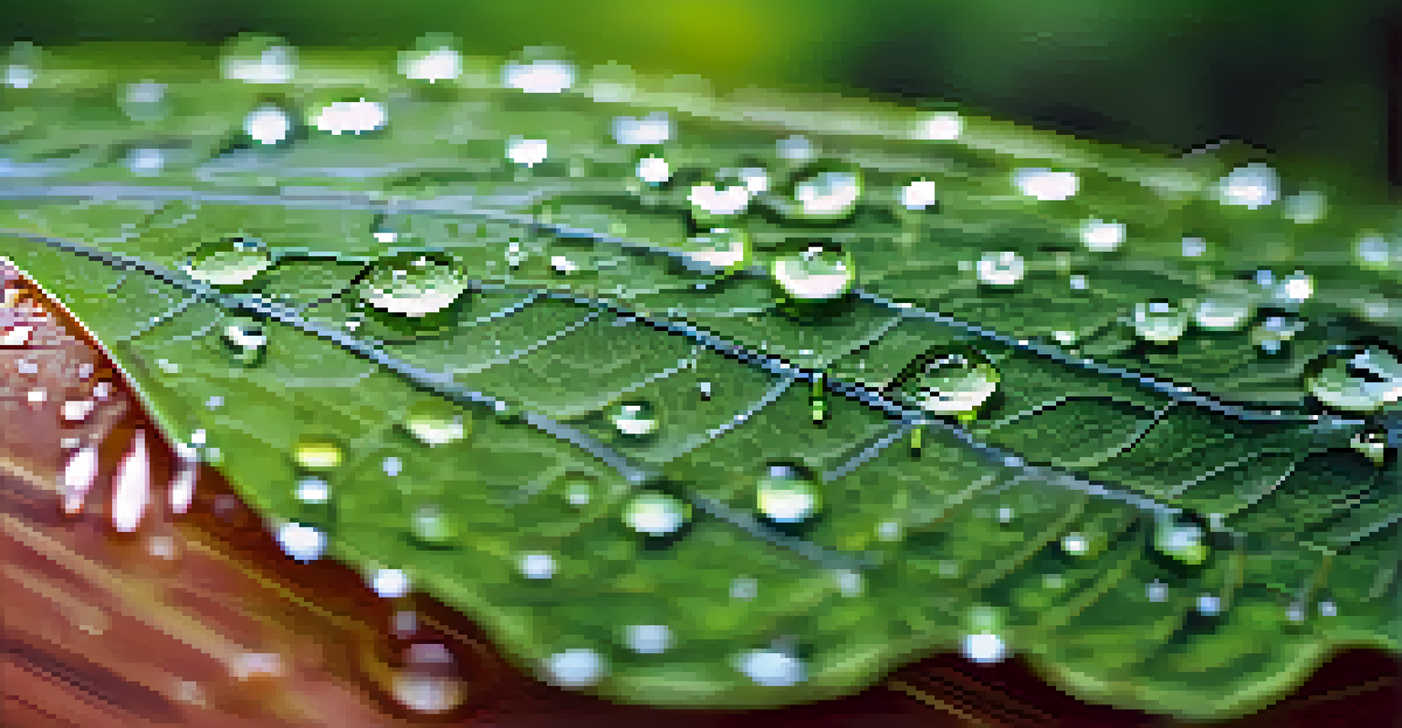 A close-up view of a dew-covered leaf with detailed texture, set against a softly blurred garden background.