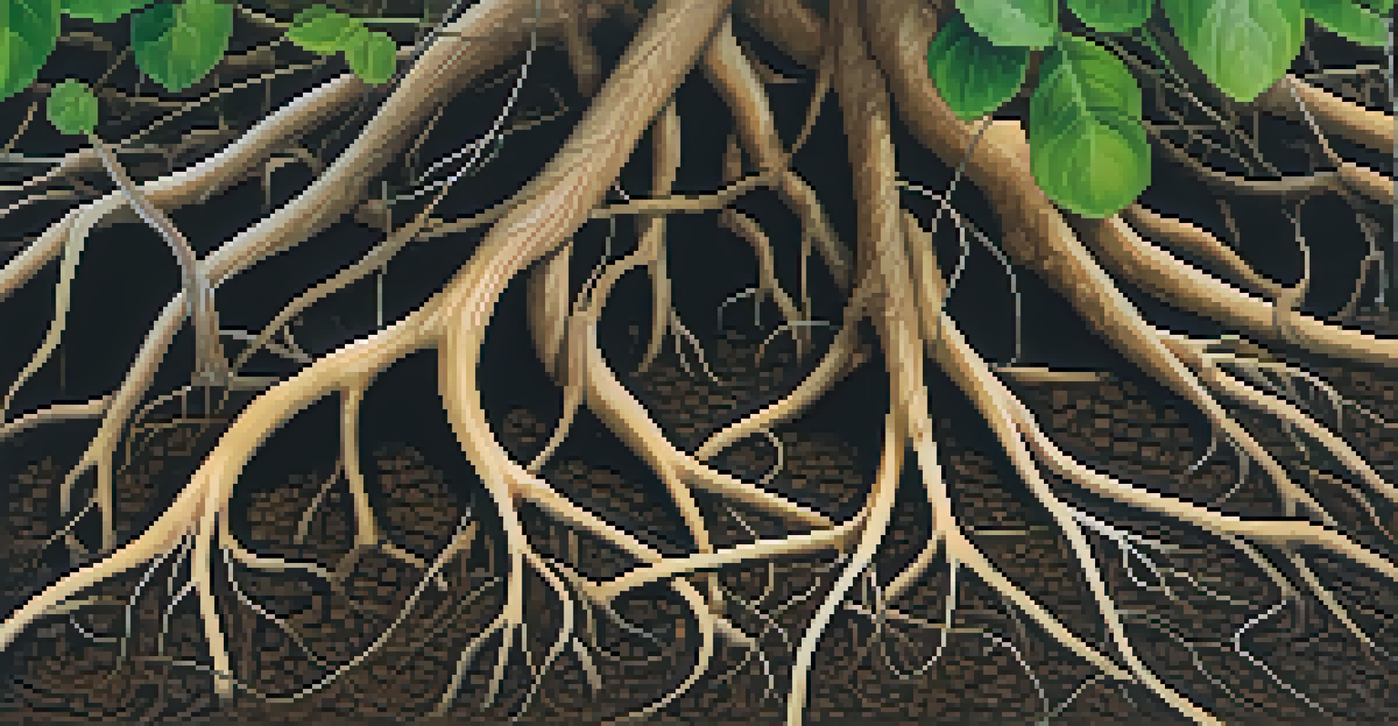 An intricate close-up of a perennial plant's root system embedded in rich soil, illuminated by soft natural light.