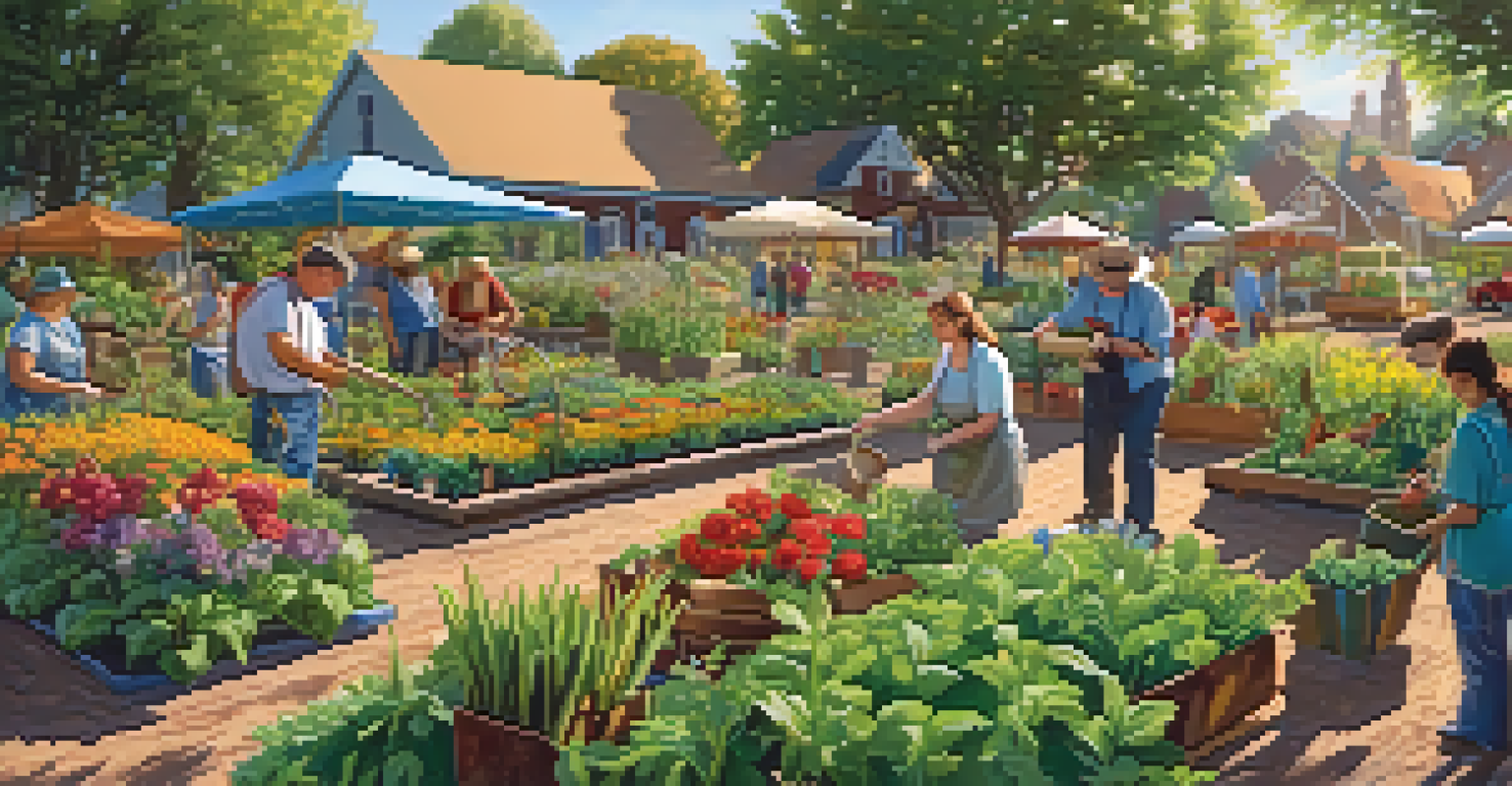 A lively community garden with people planting and tending to vegetables and flowers under bright sunlight.