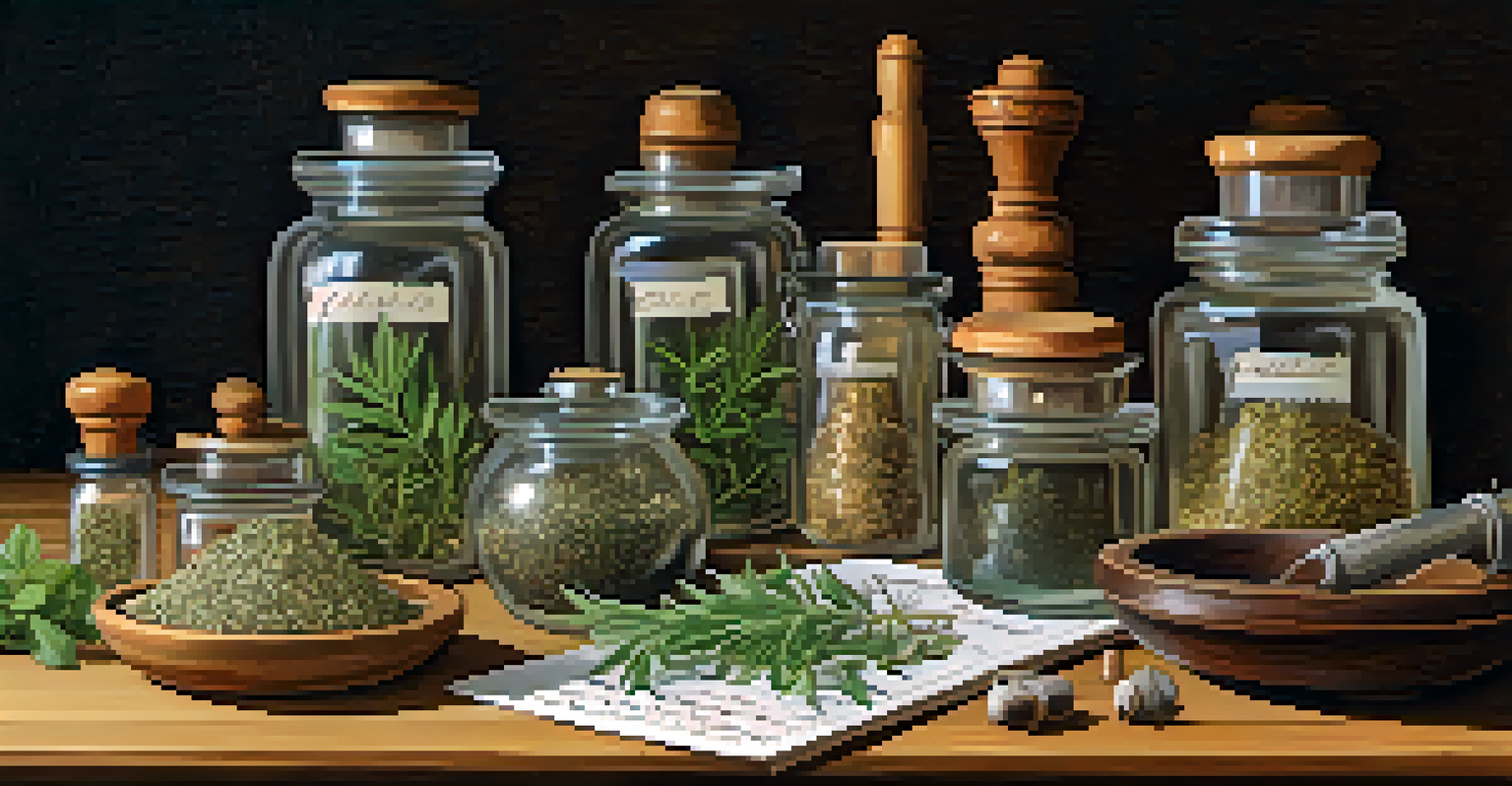 A close-up of a traditional herbal medicine setup with jars of herbs and a mortar and pestle on a wooden table, bathed in natural light.