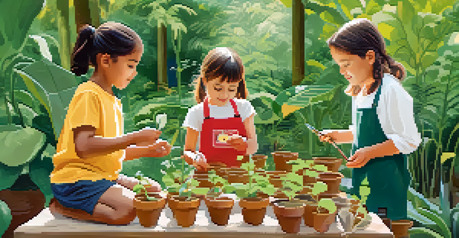 Children participating in a planting workshop in a botanical garden, learning about plant conservation.