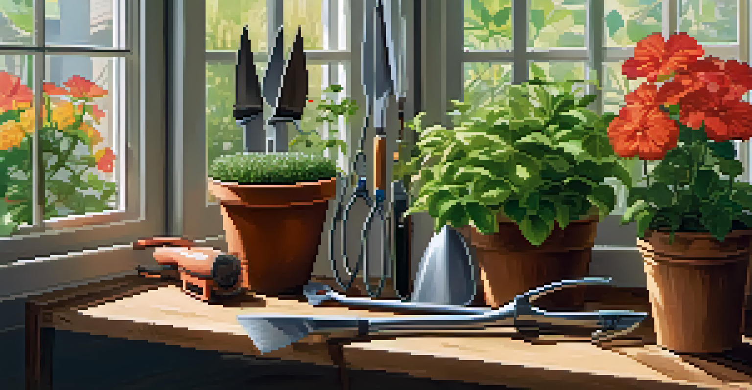Various gardening tools arranged on a table next to a vertical planter filled with climbing plants and flowers.