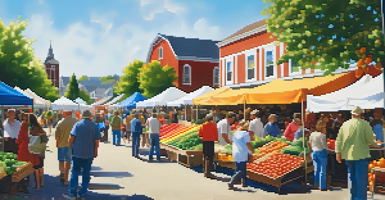 A lively farmers' market filled with fresh produce and local artisans, with people engaging with vendors under a clear blue sky.