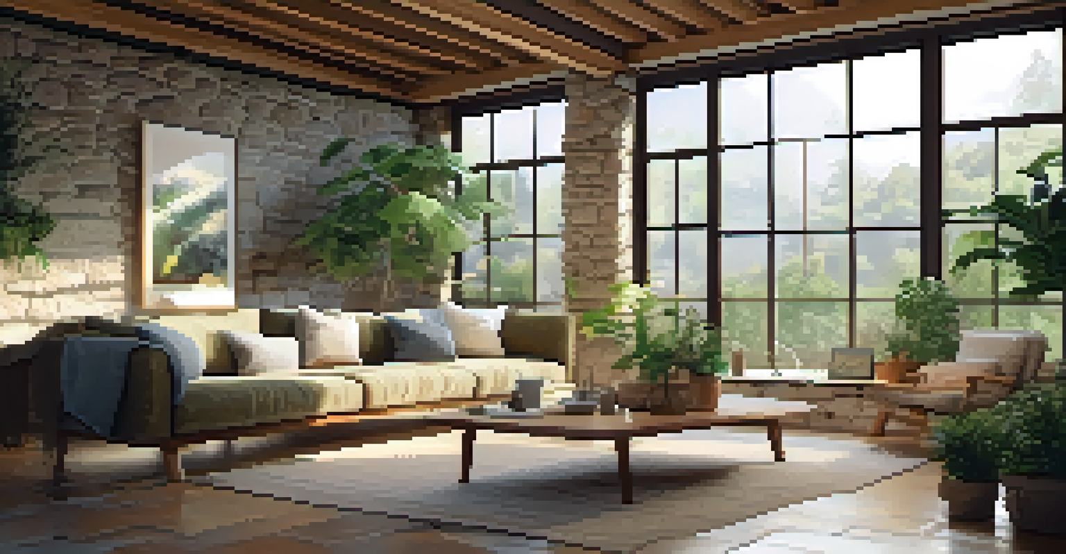 A cozy living room with a stone wall, wooden beams, and natural light, adorned with plants and a small water feature.