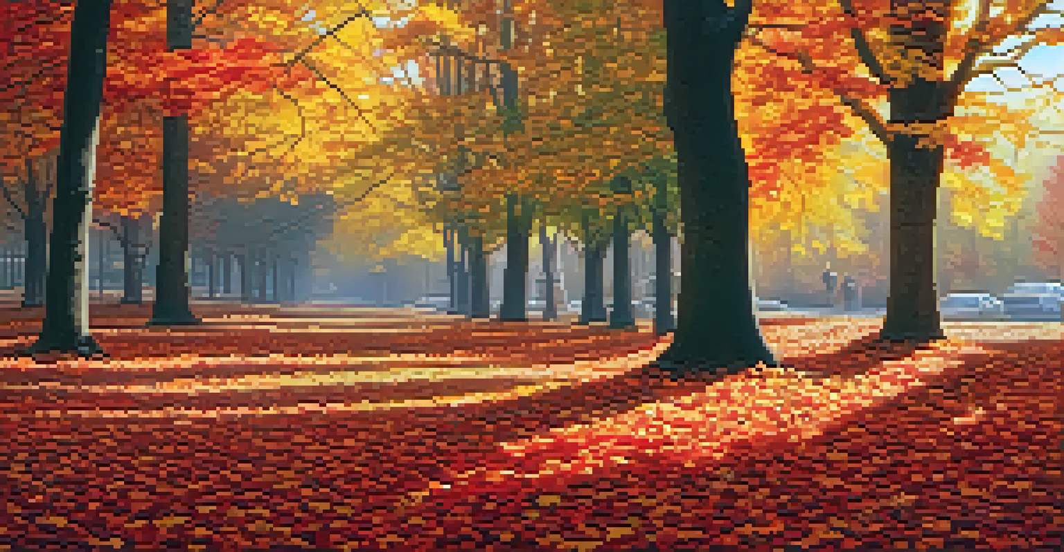 A colorful autumn landscape with a carpet of fallen leaves and a single red leaf, illuminated by soft sunlight.