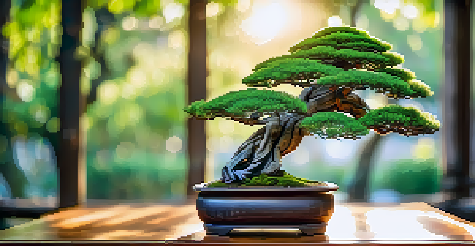 A close-up view of a well-maintained bonsai tree on a wooden table, with sunlight shining through the leaves and a blurred garden in the background.
