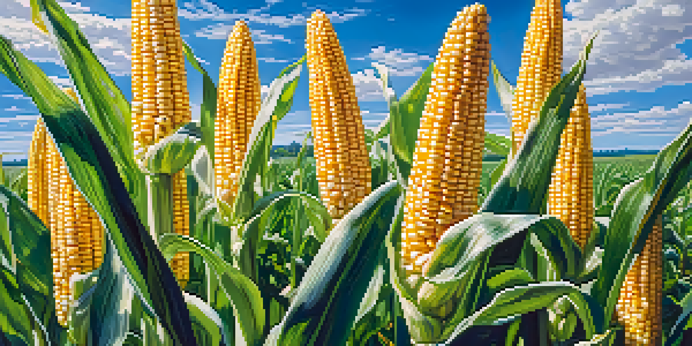 Close-up of genetically modified corn plants in a sunny field with green leaves and golden corn ears under a blue sky.