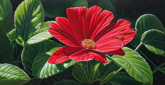 A vibrant red flower with intricate petals set against lush green foliage, showcasing its vivid colors and texture in a close-up shot.