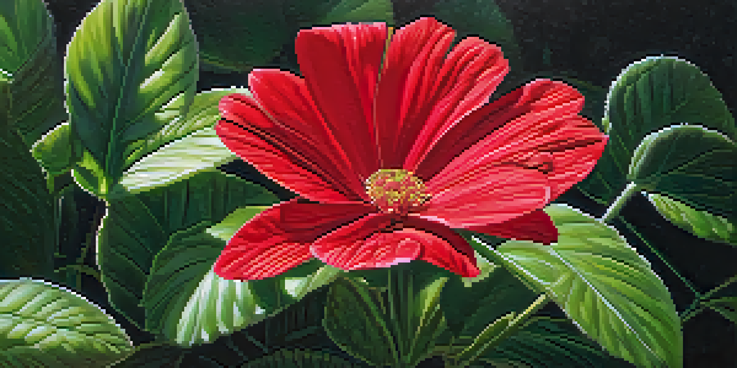 A vibrant red flower with intricate petals set against lush green foliage, showcasing its vivid colors and texture in a close-up shot.