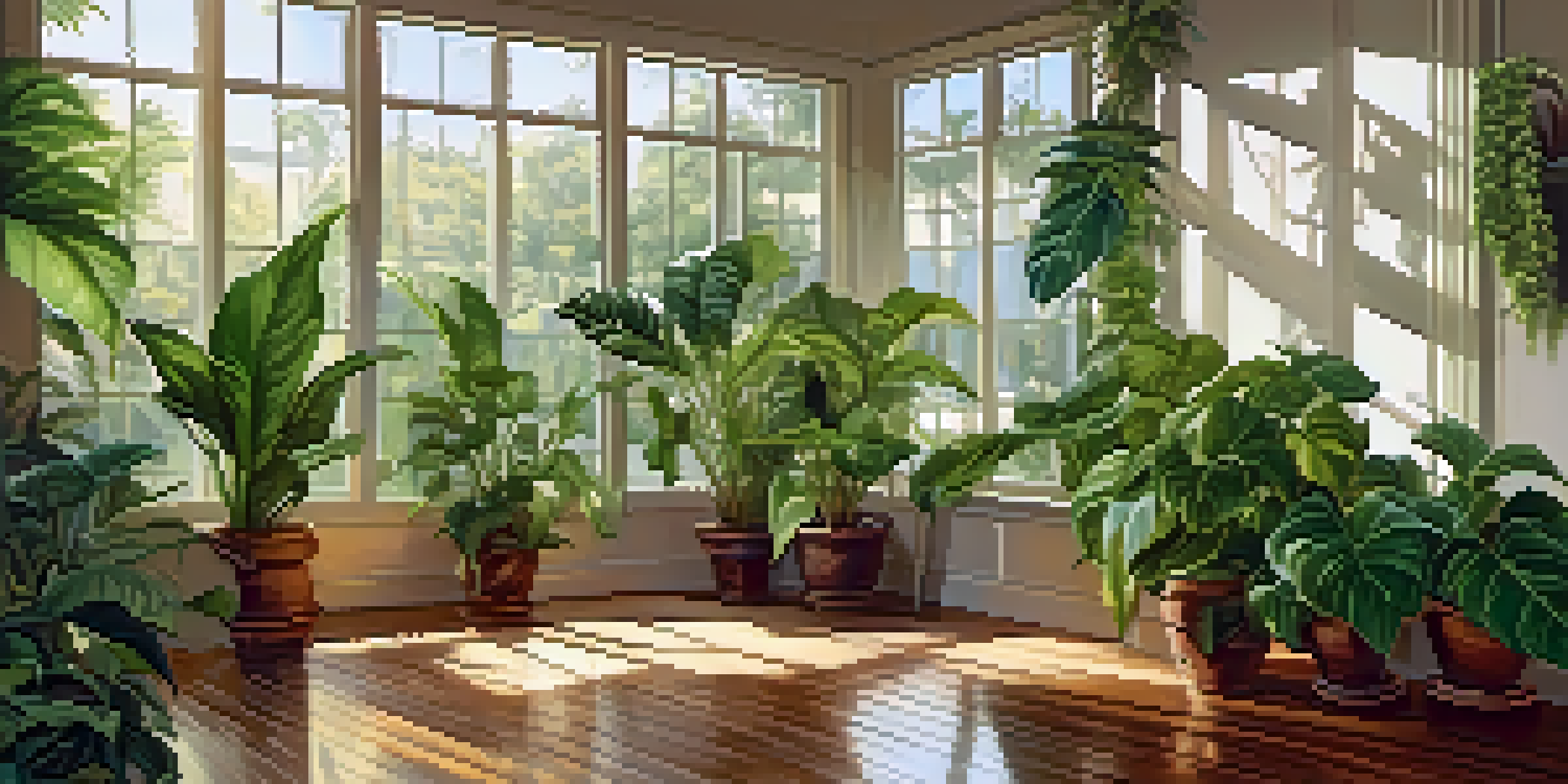 A cozy indoor corner filled with various lush tropical plants like pothos and peace lilies, with sunlight filtering through sheer curtains.