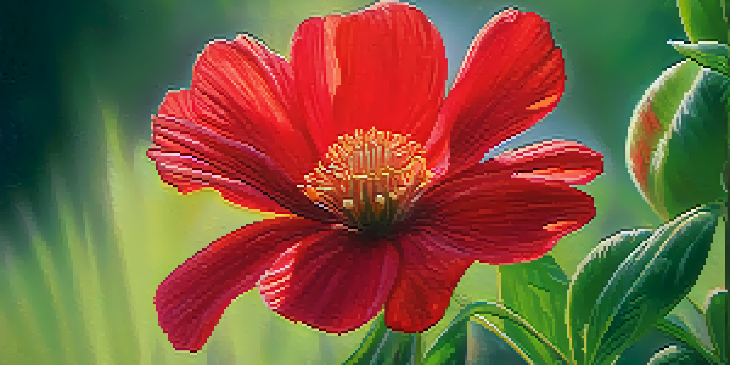 A close-up of a vibrant red flower with a blurred green background, illuminated by warm golden hour light.
