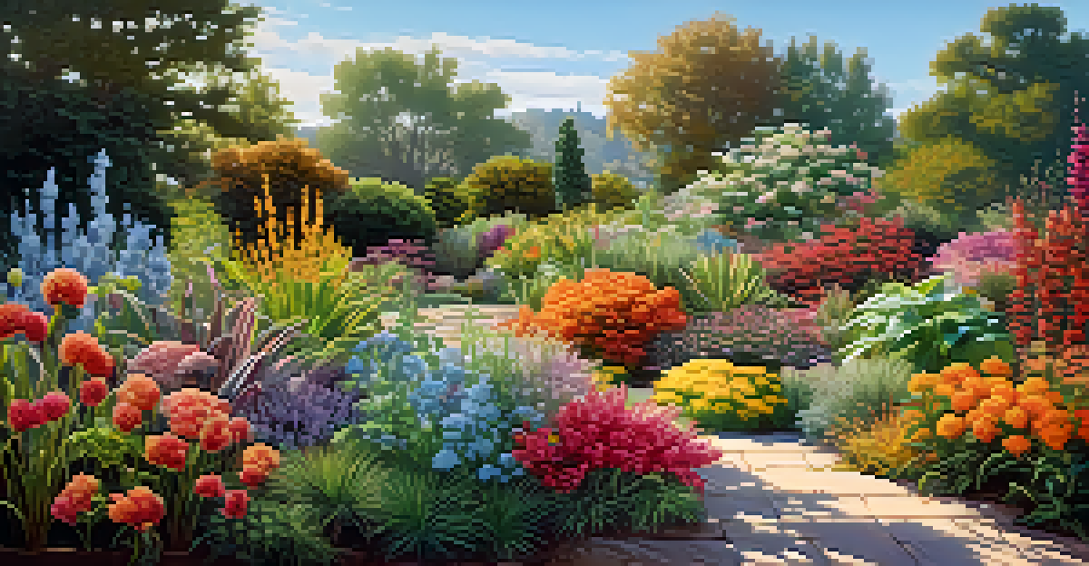 A vibrant garden displaying a variety of flowering plants and grasses, reflecting seasonal changes under a blue sky.