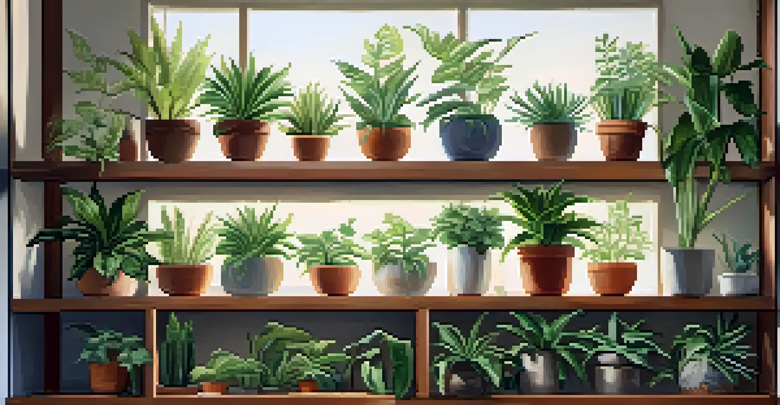 A vibrant indoor garden with a variety of greenery on wooden shelves, illuminated by sunlight.
