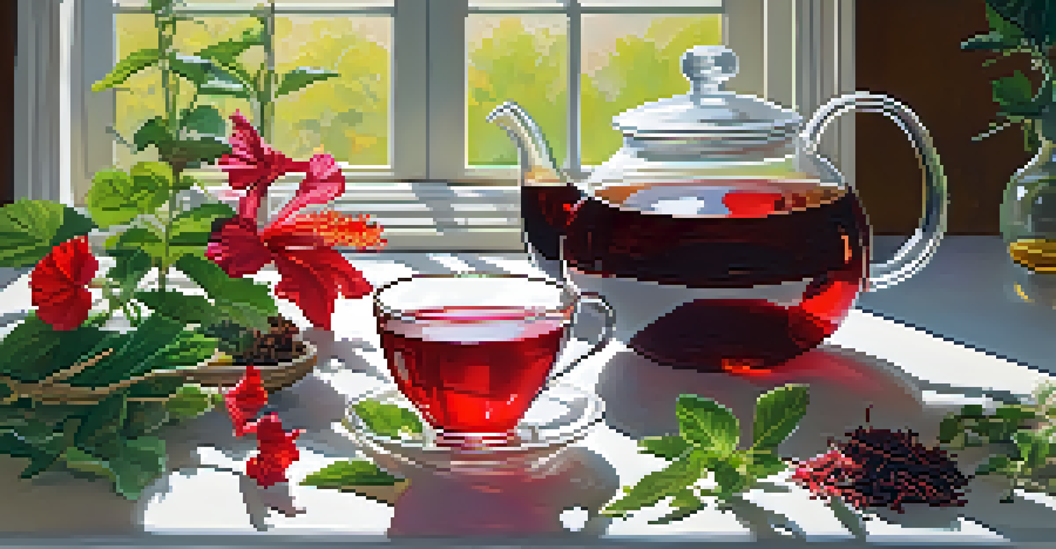 An inviting kitchen countertop featuring dried herbs for tea, a glass teapot of hibiscus tea, and sunlight creating a cheerful atmosphere.