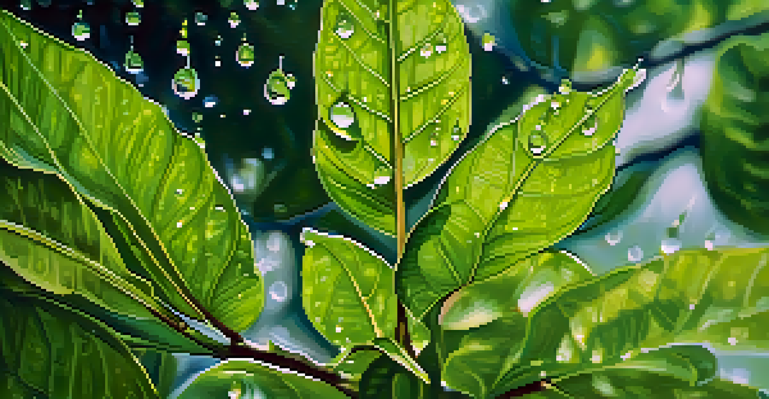 Close-up of neem tree leaves with droplets of neem oil, showcasing the texture and natural biopesticide.