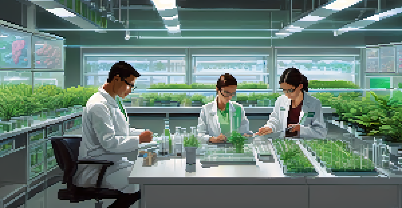 Scientists collaborating in a lab on genetic engineering of food plants, surrounded by high-tech equipment.