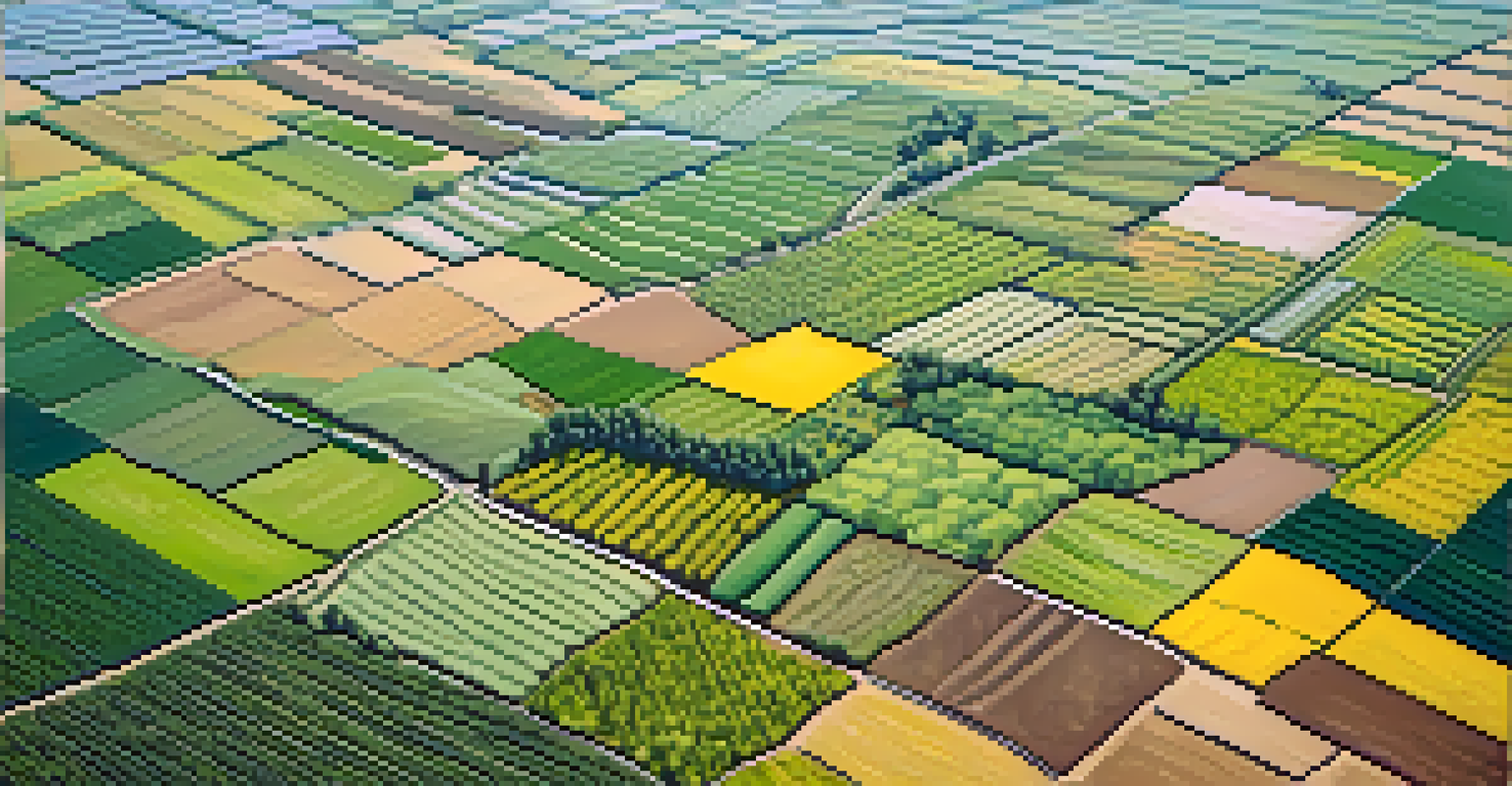 An aerial view of a diverse agricultural landscape with various crop patterns and a bright blue sky.