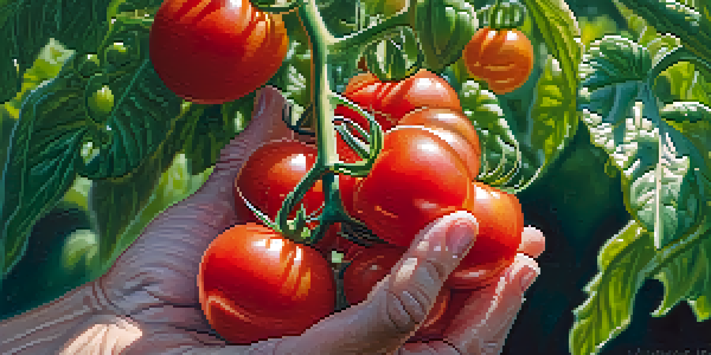 Close-up of hands harvesting ripe tomatoes from a green plant, with soft-focus foliage in the background.
